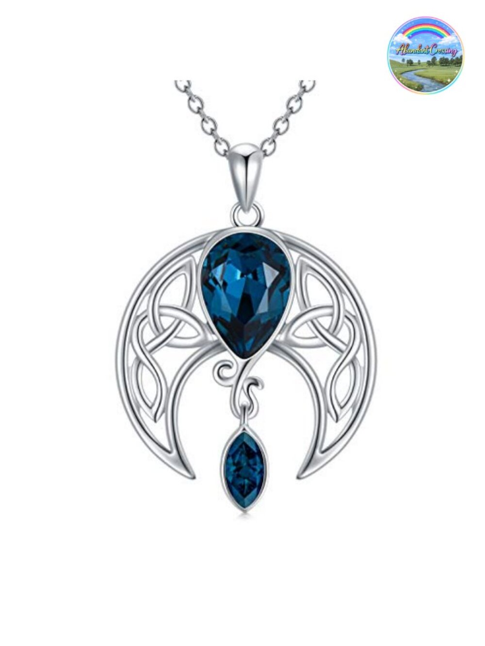 Sterling Silver Celtic Crescent Moon Pendant Necklace with Crystal